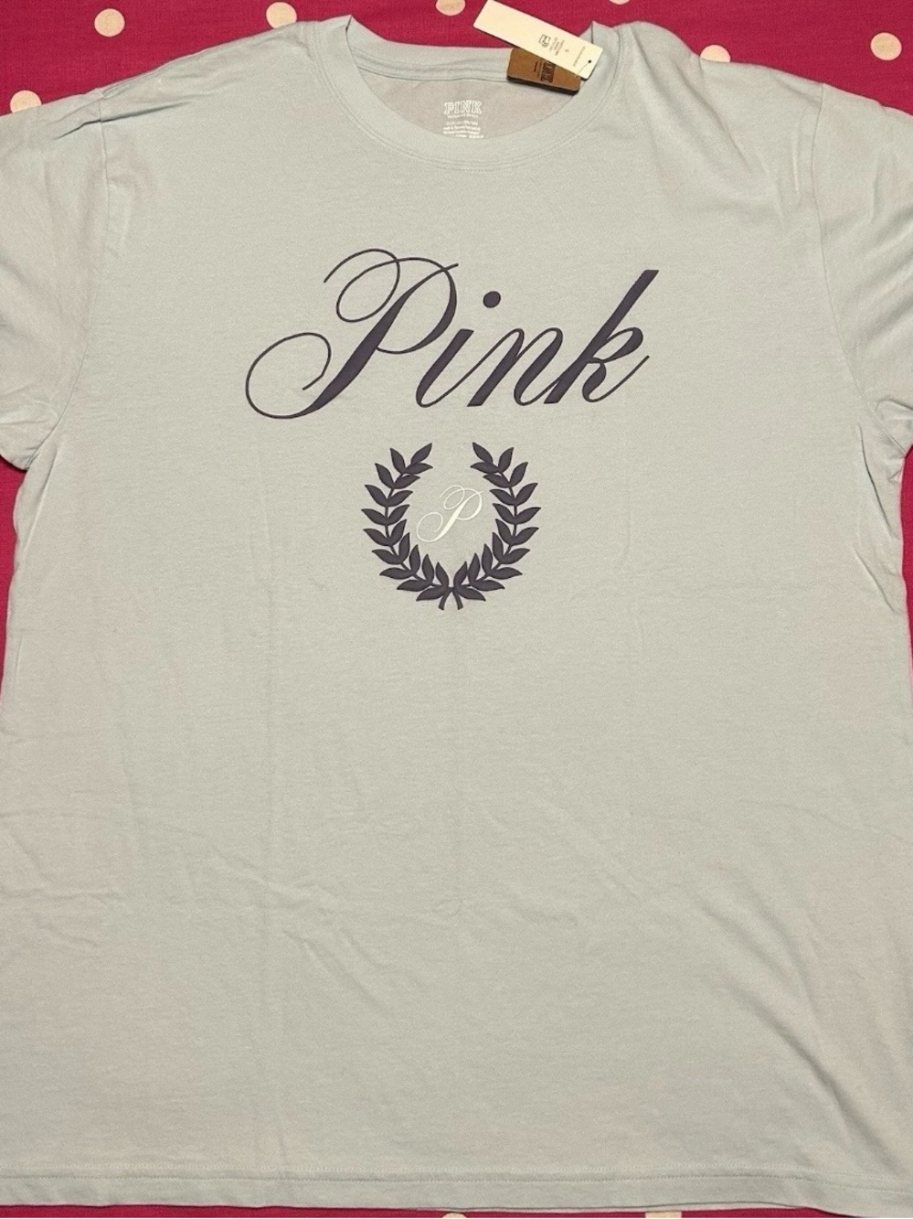 PINK Victoria's Secret Light Gray Crewneck Tee with Light Blue Script Logo